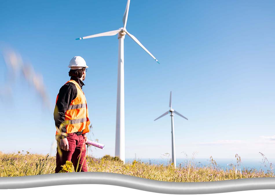 A worker in safety gear standing in a field, looking back on a finished onshore wind turbine project.
