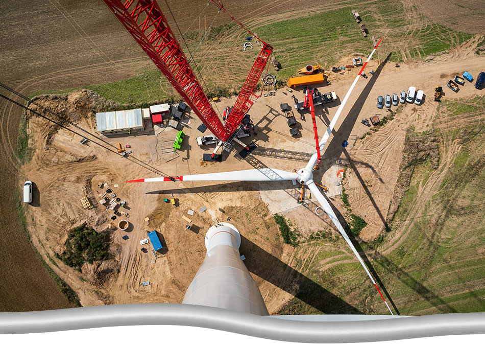 Aerial view of onshore wind turbine construction.