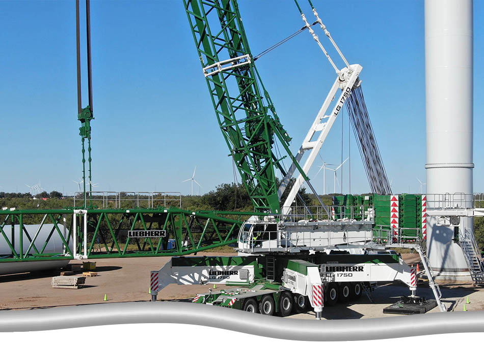 Main Crane Procurement and Operation. Green Liebherr crane working next to a wind turbine