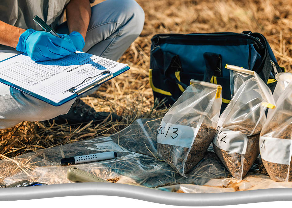 Closeup of person wearing glove, making notes on a clipboards on a grass field, next to bags of soil samples.